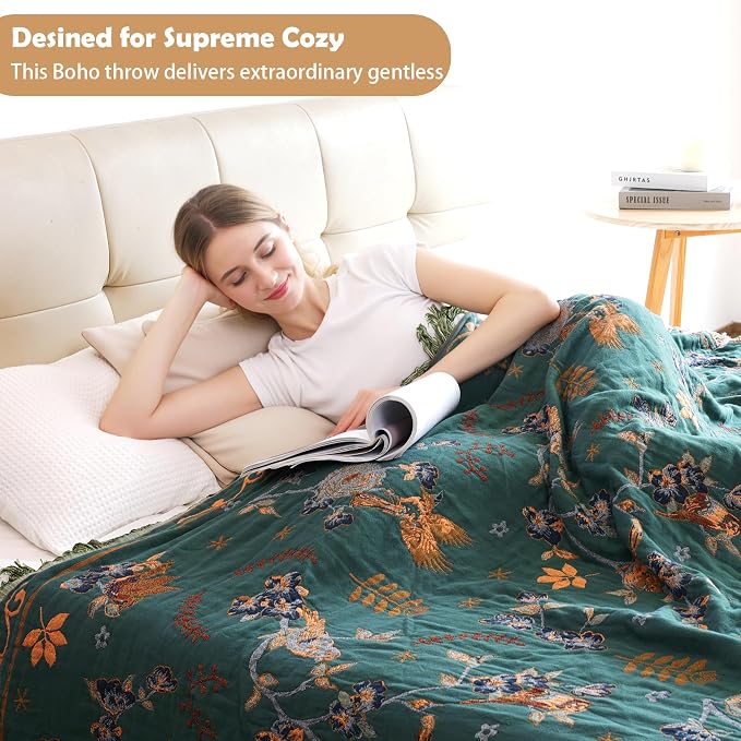 VANJOROY Boho 100% Organic Cotton Muslin Throw Blanket 50" x 60" - All Season Rustic Ultra Soft Breathable Floral Bird Blanket for Bed Sofa Couch Chair Bedspread Quilt Gift-Teal/Beige