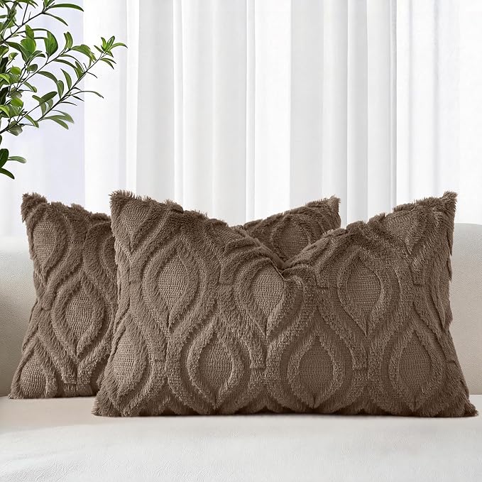 decorUhome Faux Fur Plush Soft Brown Throw Pillow Covers 12x20 Set of 2 | Wool Solid Fall Couch Pillow Covers, Accent Modern Farmhouse Neutral Decorative Square Pillow Cases for Sofa Bed Living Room