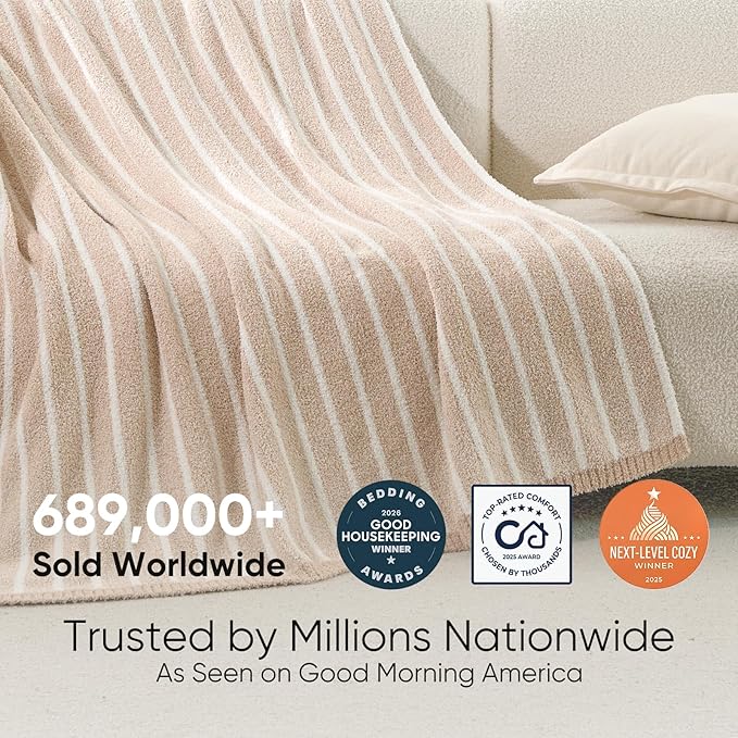 Snuggle Sac Ultra Soft Beige Throw Blanket for Couch, Reversible Cozy Knitted Ribbed Blanket for Sofa, Bed, Home Decor 50"x60"
