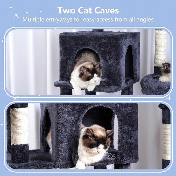 Hey-brother Cat Tree Tower with Stable Extended Base, 3 Platforms, MPJ038G | 70.9 Inches Multi-Level Sisal Scratching Posts, Wide Bed, 2 Cozy Condos, 2 Hammocks, Toy Balls for Indoor Cats, Smoky Gray