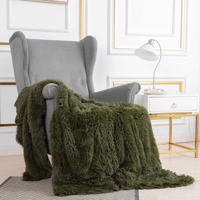 YUSOKI Long Faux Fur Throw Blanket, Olive Green,50" x 60" | Ultra Soft, Lightweight for All Season Use, stays fluffy after repeated washes, Perfect Gifts, Machine Washable
