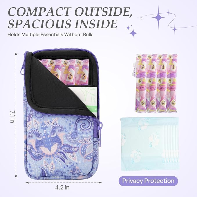 KJQJLY 2 Pack Portable Tampon Organizer Bag Tampon Holder & Storage Case with Zipper for Travel, Discreet Period Bag for Purse, Waterproof Feminine Products Pouch for Women (Paisley)