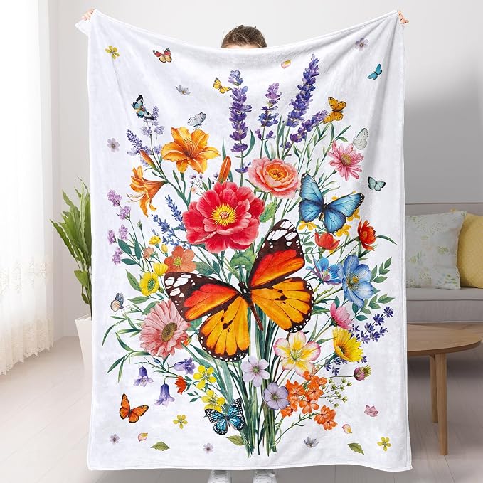 Floral Blanket Ultra Soft Butterfly Flowers Throw Blankets Wildflower Leaves Flannel Fleece Throw Watercolor Warm Cozy Fuzzy Plus Gift Cabin Blanket for Bed Sofa,60" X 80"