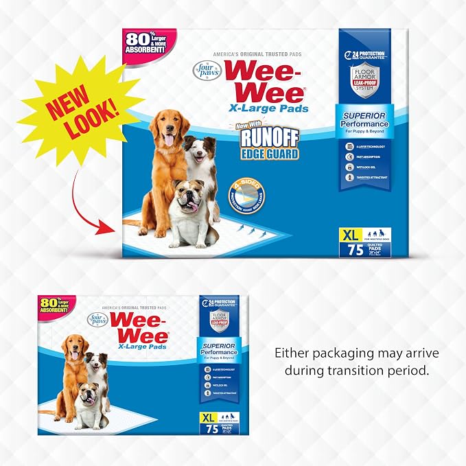 Four Paws Wee-Wee Superior Performance X-Large Dog Pee Pads, 75 Count | Puppy & dog potty training pads, housebreaking supplies, xl puppy pads, pet supplies, 24-hour floor protection, 28" x 34"