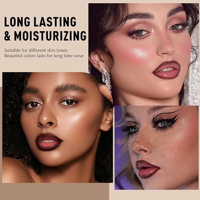 Brown Lip Liner Lip Gloss Set, Matte Plumping Lip Liner Pencil with Smudger Brush for Blending, Moisturizing Lightweight Non-Sticky Lip Gloss for Women High Shine Lip Kit Makeup, Set B