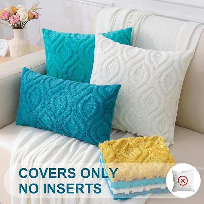 decorUhome Faux Fur Plush Soft Turquoise Throw Pillow Covers 18x18 Set of 2 | Plush Solid Fall Couch Pillow Covers, Accent Modern Farmhouse Neutral Decorative Square Pillow Cases for Sofa Bed Living Room