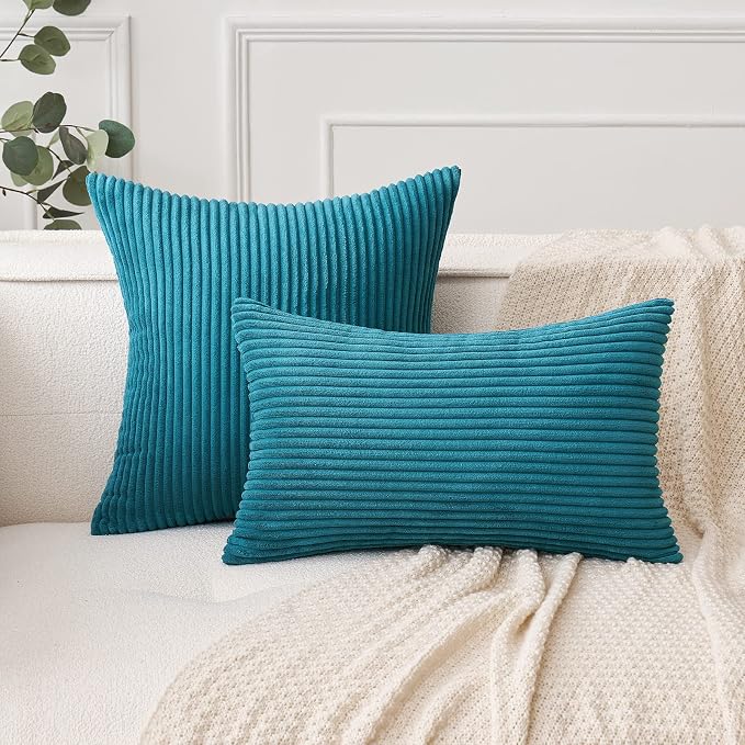 MIULEE Decorative Corduroy Throw Pillow Covers Set of 2 20x20 Teal | Soft Striped Textured Cushion Cases, Boho Coastal Square Pillowcases for Home Decor, for Couch Chair Sofa Bed Living Room