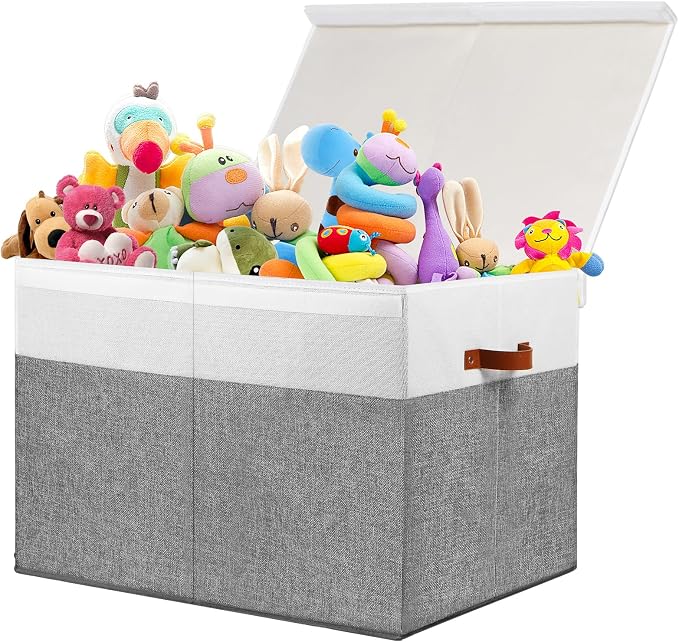 Large Toy Storage Box with Lid, Toy Chest Bin Boxes Basket with Dividers | Sturdy Toy Organizer Bin for Kids, Boys, Girls, Nursery, Living Room, Bedroom, Playroom 26"x17" x17" (Grey and White)
