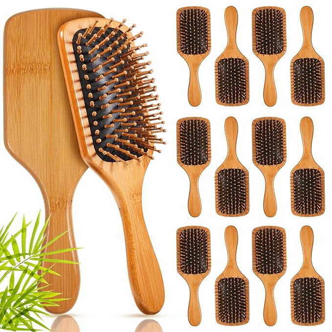 Tessco for you 12 Pcs Bamboo Hair Brushes Bulk Wooden Paddle Brush Scalp Massage Bristle Anti Static Engraving DIY Gifts for Women, Party, Wedding(9.65'' X 3.35'',Black)