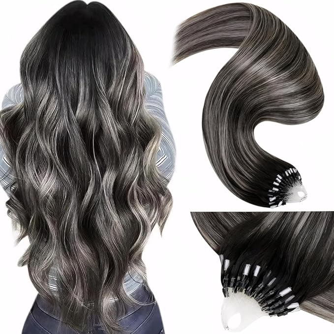 LaaVoo Micro Beads Hair Extensions Ombre Natural Black to Grey Silver Micro Loop Hair Extensions Real Human Hair Balayage Cold Fusion 18 Inch 50g/50s