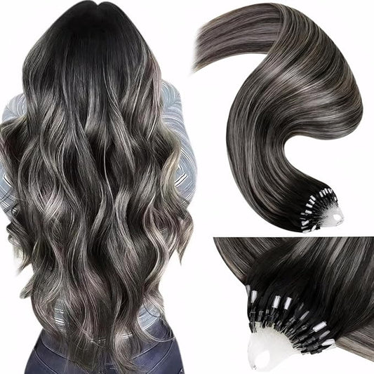 LaaVoo Microlink Hair Extensions Human Hair Ombre Black Microbead Hair Extensions Human Hair Off Black Balayage Grey Silver Micro Loop Hair Exrensions 14 inch 50g 50s