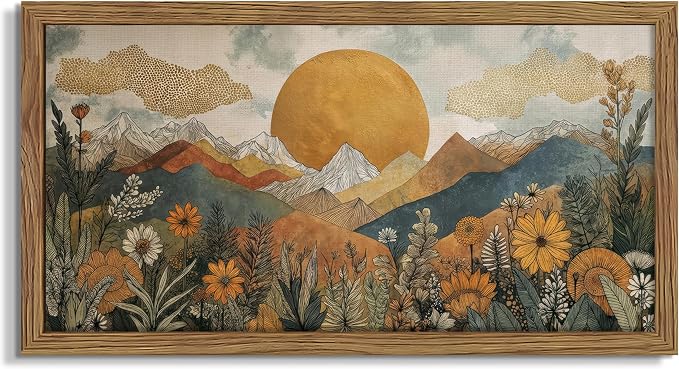 Framed Boho Landscape Large Wall Art, Abstract Sun Mountain Canvas Wall Decor Painting, Modern Floral Botanical Aesthetic Poster Print Picture for Living Room Bedroom Home Office 24x48 Inch