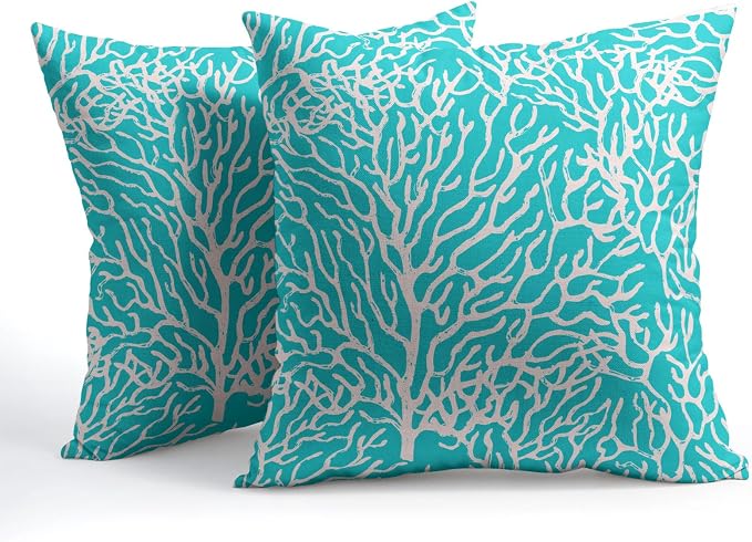 Nautical Coastal Coral Pillow Covers 18x18 Inch Set of 2 Summer Ocean Beach Aqua Teal Decorative Pillow Cases Outdoor Linen Cushion Cover Farmhouse Decor for Bedroom Home Sofa Couch Bed