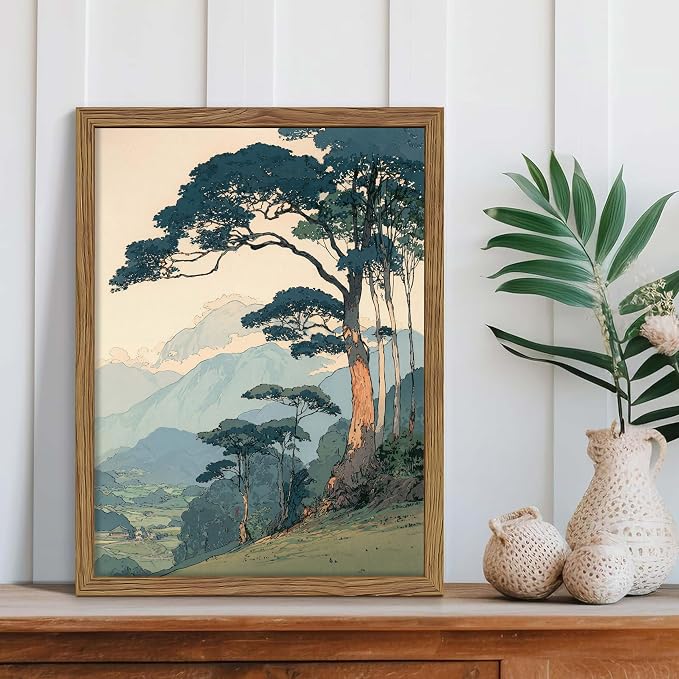 Vintage Japanese Forest Framed Canvas Wall Art – Tranquil Mountain Landscape Painting Print, Retro Nature Tree Scene Decor for Living Room Bedroom Nursery Office Home 16x24 inch