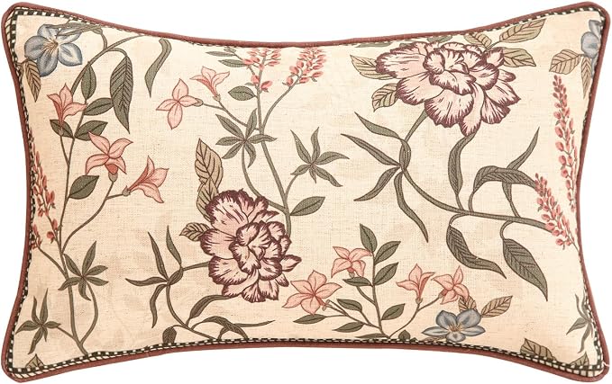 Designer Vintage Linen Throw Pillow Cover,20"x12"-Helena B | Elegant French Rectangle Pillow Cover,Concealed Zipper Design,Floral Pattern,Sofas,Bedroom,Living Room,Lounge Chairs