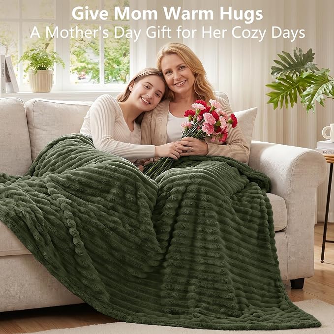 Olive Green Throw Blanket for Couch & Bed, 50 x 60 Inch | 300GSM Ribbed Fleece Blanket, Soft, Cozy & Lightweight, OEKO-TEX Certified, All-Season Use for Travel, Dorm & Home Decor