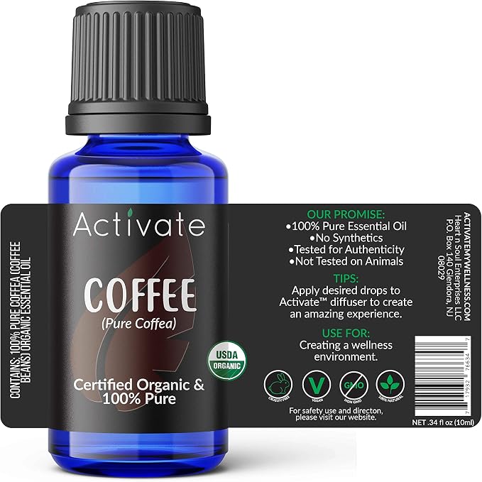 Activate Coffee Bean Organic Essential Oil 100% Pure, USDA Certified Organic, Premium Grade, Undiluted, Natural, Aromatherapy & Diffuser Use 10ml