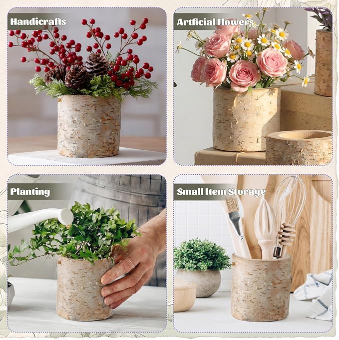 6 Pack Birch Bark Wooden Vase Set with Foam for Wedding Decor | Rustic Flower Planters, Table Centerpieces and Farmhouse Home Decor, Garden Arrangements, Natural Wood Texture Pots