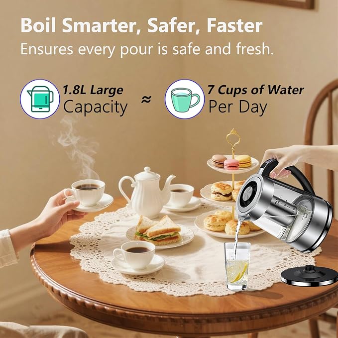 Electric Kettle with Temperature Control for Tea and Coffee, 1.8L 1500W, Keep Warm - Removable Infuser, Glass Tea Kettle Hot Water Boiler, BPA Free, Auto Shut Off, Boil-Dry Protection, Stainless Steel