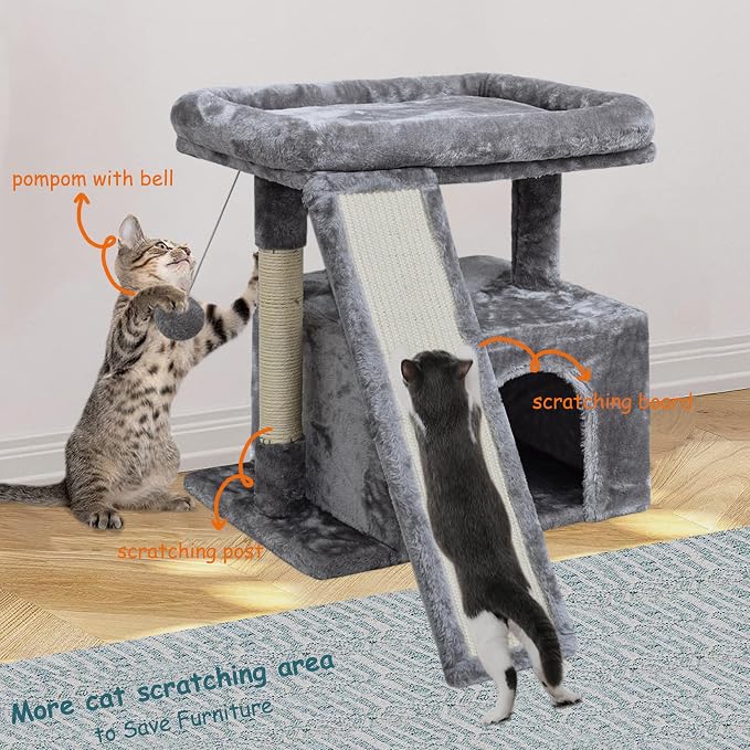 Small Cat Tree for Indoor Cats, Cat Tower with Scratching Post and Board, Cat House with Perch for Kitten, Stable Condo and Stand (Light Grey)