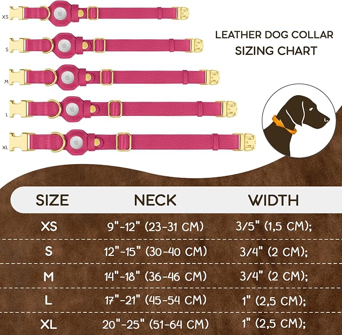 Leather Airtag Dog Collar - Soft Tracking Dog Collar with Apple AirTag Holder and Metal Buckle - Safety GPS Pet Collars for Small Medium Large Dogs Puppy Pink Red (Pink, L, 17"-21" Neck Fit)