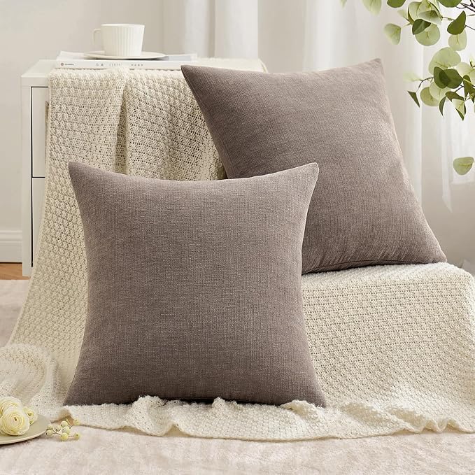 MIULEE Brown Chenille Couch Throw Pillow Covers, 18x18 | Set of 2, Modern Farmhouse Rustic Style, Decorative Pillowcases for Sofa Living Room Bed, Home Decor