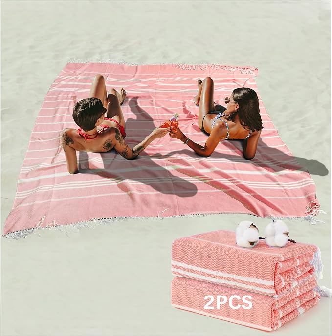 Antfuny 2 Packs Turkish Beach Towel Jumbo Extra Large XL XXL Big Oversized Giant Huge Thin Outdoor Picnic Accessories Airplane Travel Essentials Camping Gears Must Haves Yard Yoga Mat Coral