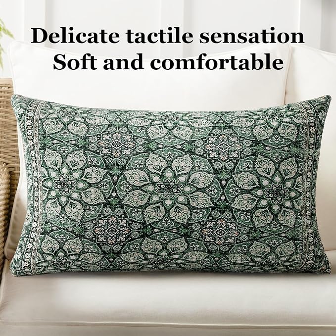 Boho Throw Pillow Covers 12x20 inch Set of 2,Soft Pillowcases Bohemia Carpet Printing Pattern Decorative Sofa Living Room Bed Rectangle Pillow Case Cushion Cover-Green Flower