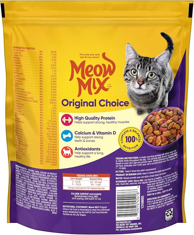 Meow Mix Original Choice Dry Cat Food, 18 oz Pouches | 6-pack, crunchy cat kibble, 100% complete & balanced nutrition, high quality protein & antioxidants, all life stages
