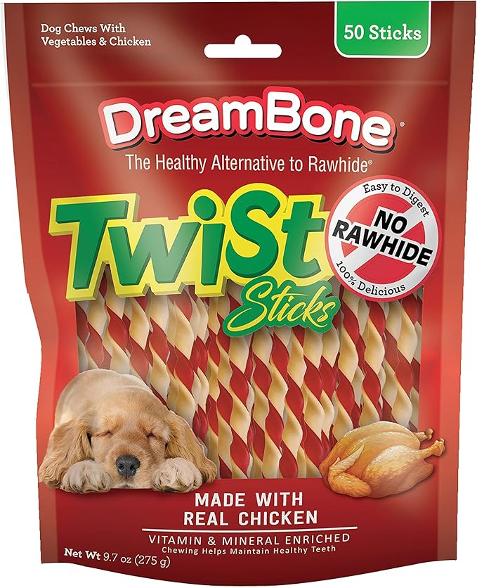 DreamBone Twist Sticks Rawhide-Free Dog Treats With Real Protein, 50 Count | Daily Chew, Digests Safely and Completely, Made With Real Chicken and Veggies, For Adult Dogs