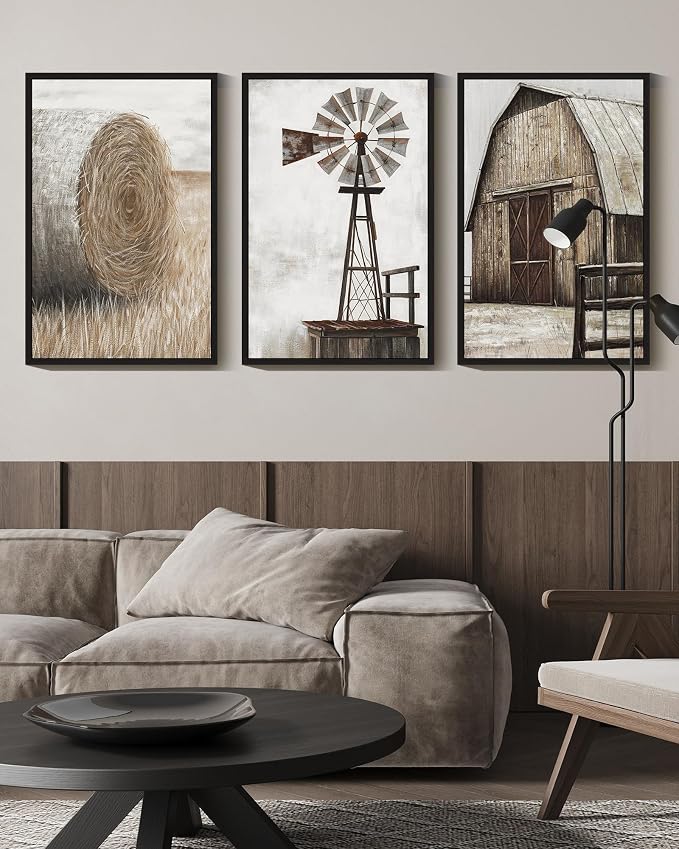 Drsoum Farmhouse Wall Art Vintage Rustic Windmill Barn Cornfield Pictures Framed Painting Landscape Countryside Rural Canvas Artwork Home Decor Ready to Hang 24x36in - Black Framed