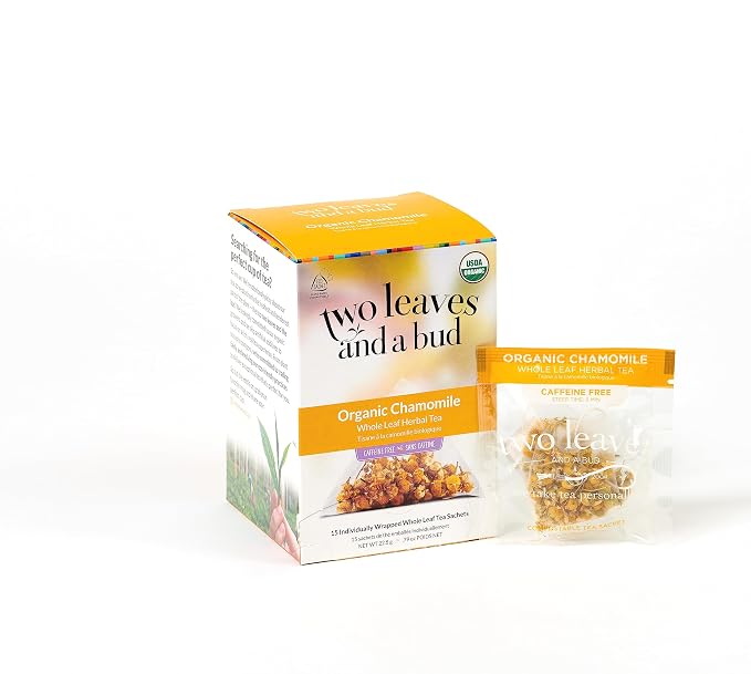 Two Leaves and a Bud Organic Chamomile Herbal Tea Bags, Naturally Caffeine Free, Whole Leaf Chamomile Tea in Pyramid Sachets, 15 Count (Pack of 1)