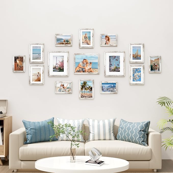 Vittanly 15 Pack Picture Frames Collage Wall Decor, Wall/Tabletop Display | Distressed White, Multi-Size Gallery Wall Frame Set: 3pcs 8x10, 6pcs 5x7, 6pcs 4x6. Picture Frame Set for Family