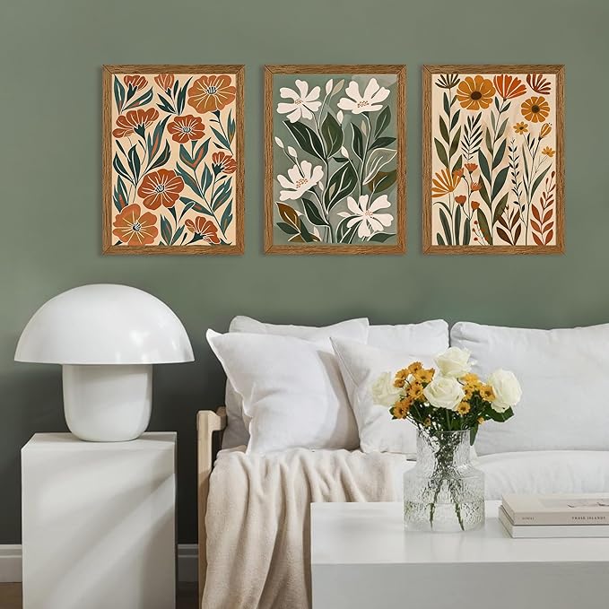 Urmoya 3 Pieces Boho Floral Decor Flower Market Wall Art, 12x16 Inch | Wood framed, Chic green and beige botanical trio, Ready to hang, for living room, Office, or guest bedroom home decor
