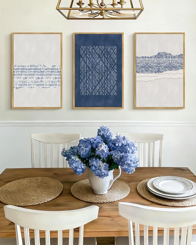 Drsoum Blue Abstract Boho Framed Wall Art Large 16x24in Minimalist Mid-Century Modern Wall Decor Geometric Artwork Kitchen Dining Room Natural Framed