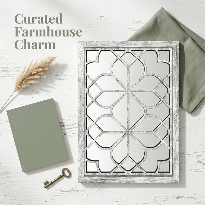 Set of 2 19x26 Inch Large Grey Shatterproof Rectangular Wall Mirrors, Boho Rustic Farmhouse Vintage Accent Mirrors for Living Room Bedroom Entryway Dining Room & Home Decor