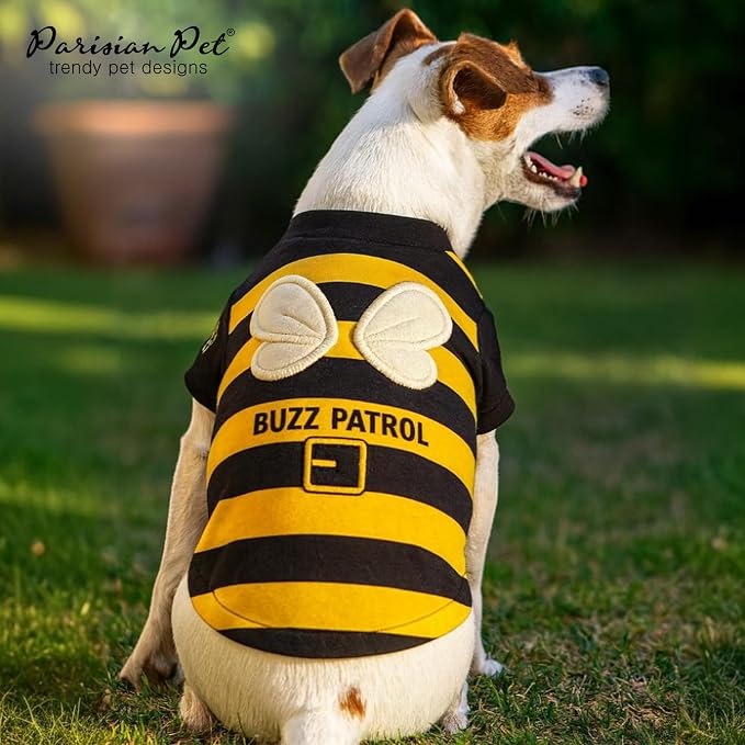 Parisian Pet Dog Buzz Patrol Bee Shirt - Embroidered Pet Vest - 100% Cotton & Polyester Doggy Shirt - Lightweight Pet Clothes - Sleeved Puppy Costume - Funny Shirts for Small Dogs - L