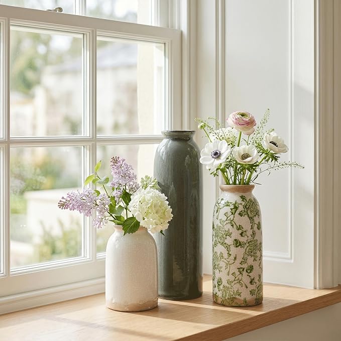 Vintage Ceramic Vase Set of 3, Flower Small Chinoiserie Vase Rustic Modern Farmhouse Centerpiece Decorative Pottery Vases for Table Mantel Entryway Bookshelf Living Room Kitchen Home Decor