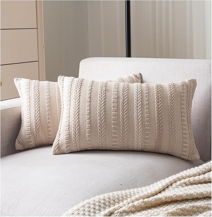 Cethom Boho Throw Pillow Covers 12x20 Inch Set of 2, Farmhouse Decorative Couch Pillow Cases, Beige Accent Pillows of Bed, Sofa Bedroom Living Room Home Decor Cushion Cover