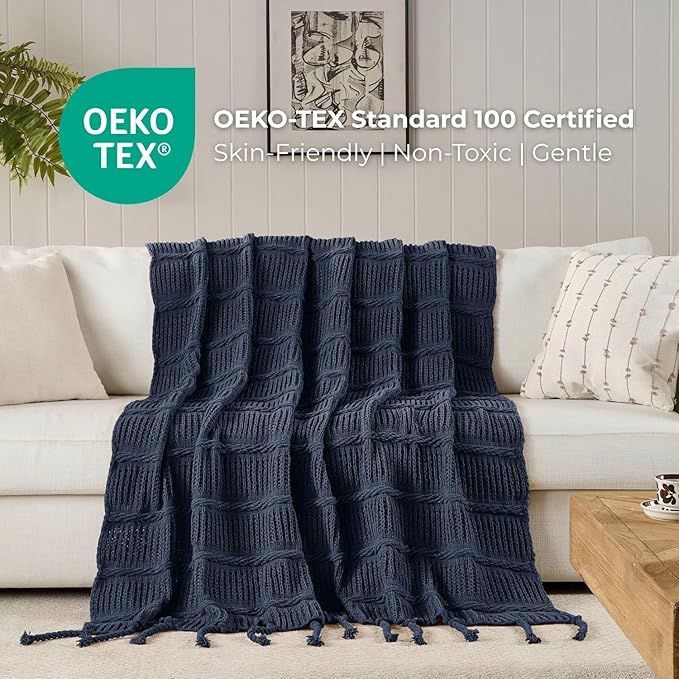 Boho Knitted Chenille Blanket with Tassels - Lightweight & Soft All-Season Throw - 3D Classic Pattern for Living Room Bedroom Couch, Royal Blue, King 90"x108"