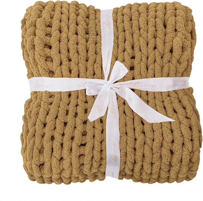 Bigacogo Chunky Knit Throw Blanket for Couch, 40x80 inches, Goldenrod | Hand Knit with Jumbo Chenille, Soft Breathable Cable Knit for Sofa Bed Living Room, Machine Washable, Gift for Mom Friend