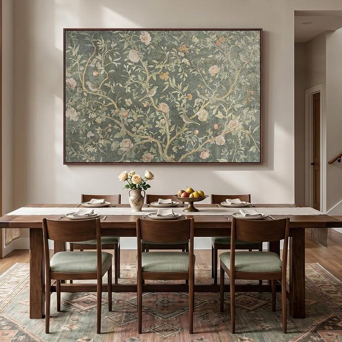 Extra Large Framed Green Vintage Botanical Wall Art for Living Room, 72x48 | Oversized, Canvas print, Retro green, Floral picture, Bird, Wall art bedroom, Dining room wall decor, Solid wood frame