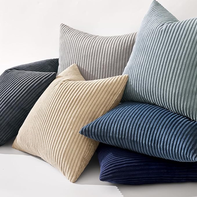 MIULEE Decorative Corduroy Throw Pillow Covers Set of 2 18x18 Dusty Blue | Soft Striped Textured Cushion Cases, Boho Coastal Square Pillowcases for Home Decor, for Couch Chair Sofa Bed Living Room