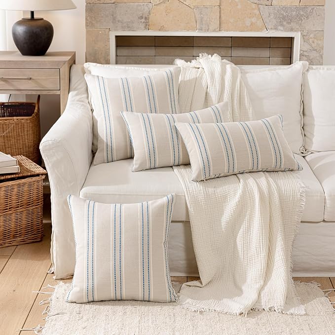Hckot Stripe Throw Pillow Covers 26x26 Large Square Lake Blue Pillow Cover | Farmhouse Decorative Pillows Textured Linen Euro Sham Cushion Covers for Sofa Couch Bed Living Room Decor