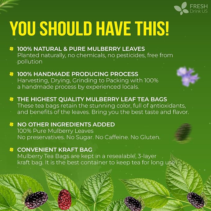 FreshDrinkUS, Premium 50 Mulberry Leaf Tea Bags, 100% Natural & Pure from Mulberry Leaves. Herbal Tea. Made with Natural Material Tea Bags. No Sugar, No Caffeine, No Gluten, Vegan.