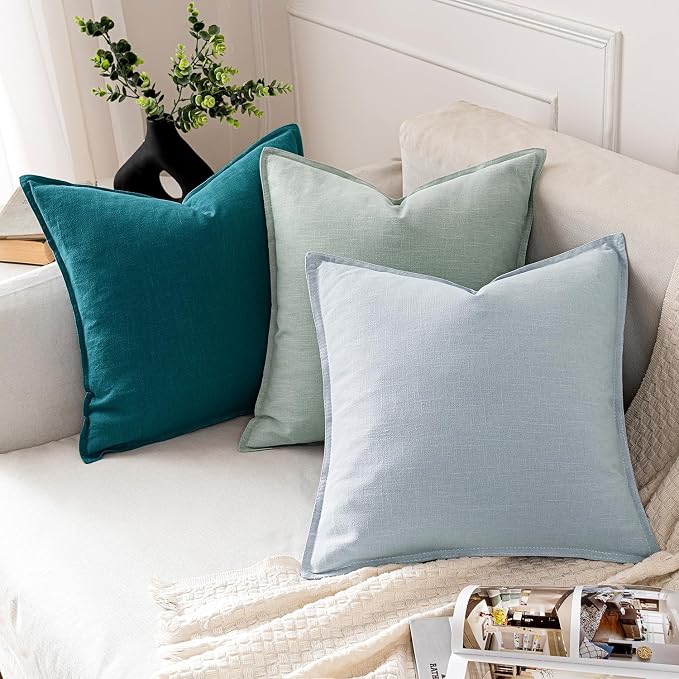 MIULEE Decorative Linen Euro Sham Pillow Covers 24x24 Teal Blue | Boho Farmhouse Neutral Couch Throw Pillows for Bed, Pack of 2 Accent Modern Pillowcases, Sofa Livingroom Home Decor
