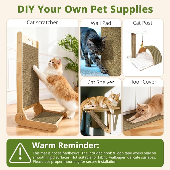 Natural Cork Cat Scratcher Mat with No Pre-Applied Adhesive, Bonus Hook-Loop Tape Included. Replacement for Cat Post, Scratcher, Ramp, Cat Whell and Pet Supplies. (Catnip Green, 39.4 x 11.8 Inch)