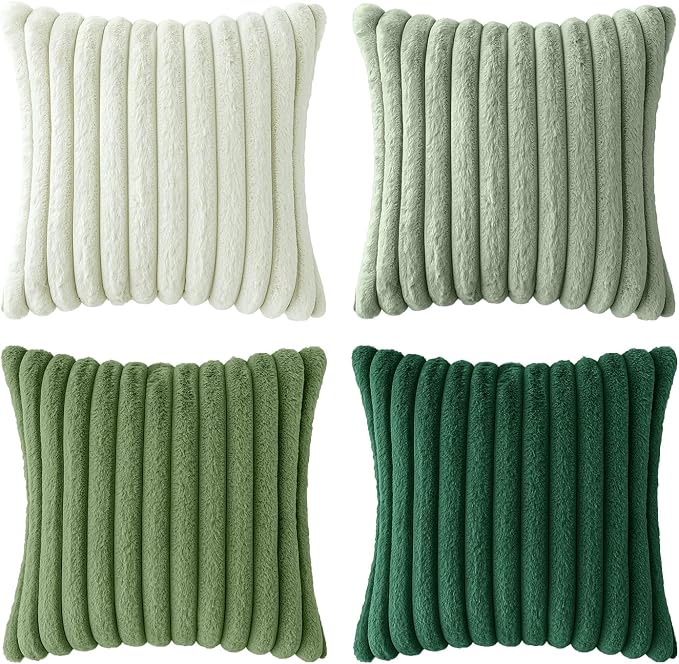 MIULEE Faux Fur Plush Decorative Throw Pillow Covers 20x20, Green | Set of 4, Striped, Soft Modern Cozy Home Decor, Cushion Cases for Sofa Couch Bed Living Room