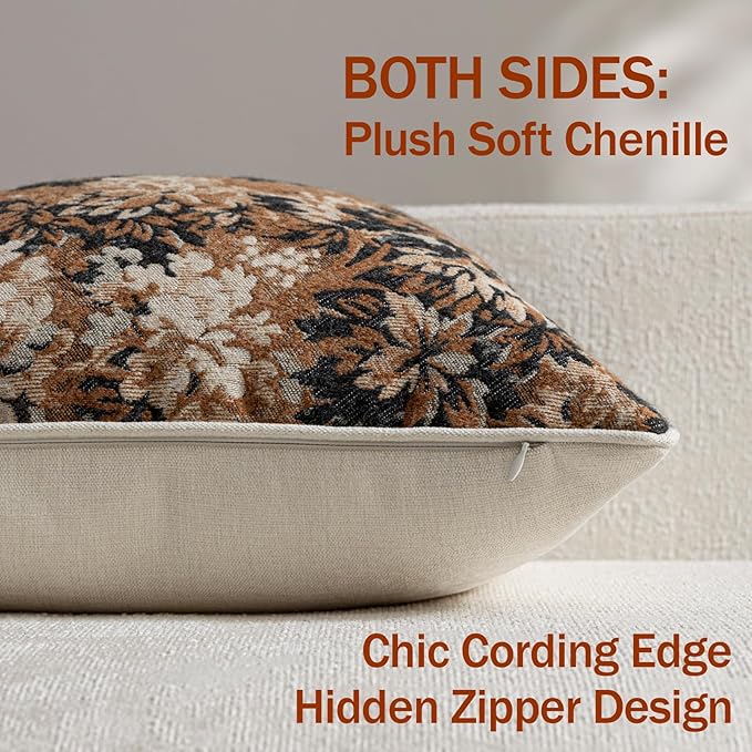 Pack of 2 Vintage Floral Euro Sham Covers 24x24 Boho Farmhouse Accents Chenille Square Decorative Throw Pillow Cases for Living Room Couch Bed Home Decor, Cognac