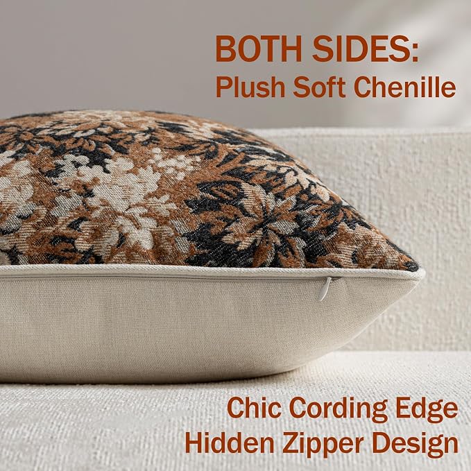 Pack of 2 Vintage Floral Throw Pillow Covers 18x18 Boho Farmhouse Accents Chenille Square Decorative Pillow Cases for Living Room Couch Bed Home Decor, Cognac